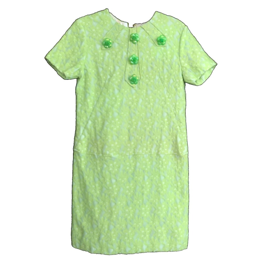 Vintage Handmade Mini Dress Lime Green Drop Waist  Retro Mod 60s 70s OOAK